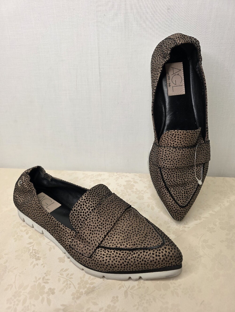 AGL Metallic Micro Leopard Print Pointed Toe Platform Loafers Italian Leather 36